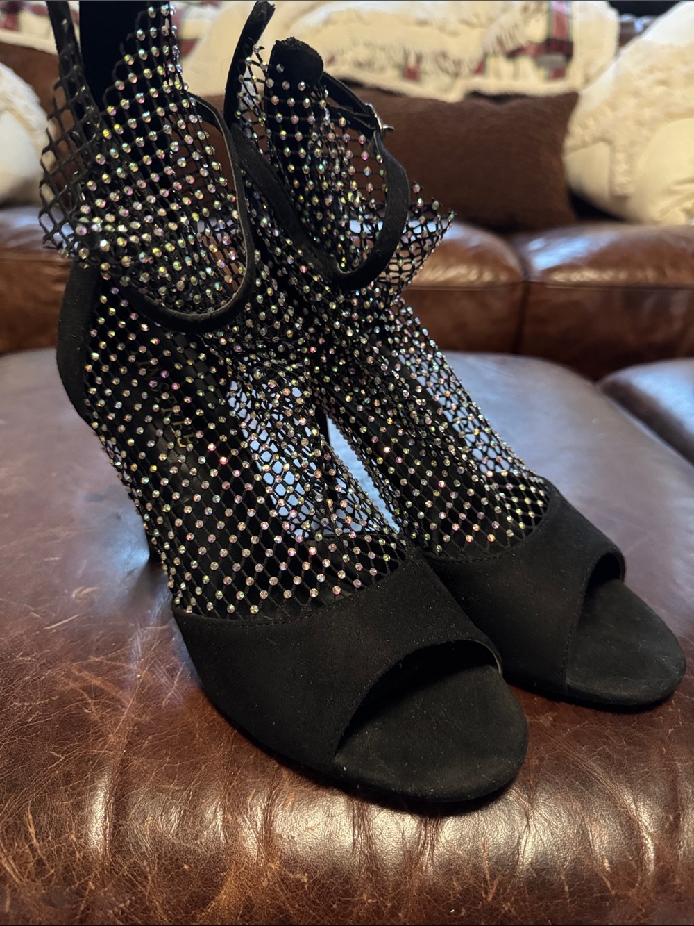 Black Rhinestone Mesh Open-Toe Women’s Heels